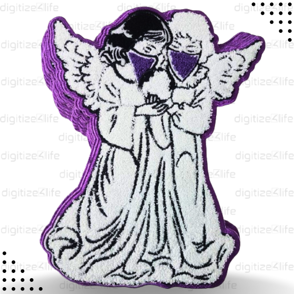 Purple Border Two Angels Holding World Chenille Patch