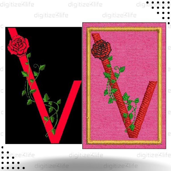 Rose on Letter V Applique Embroidery