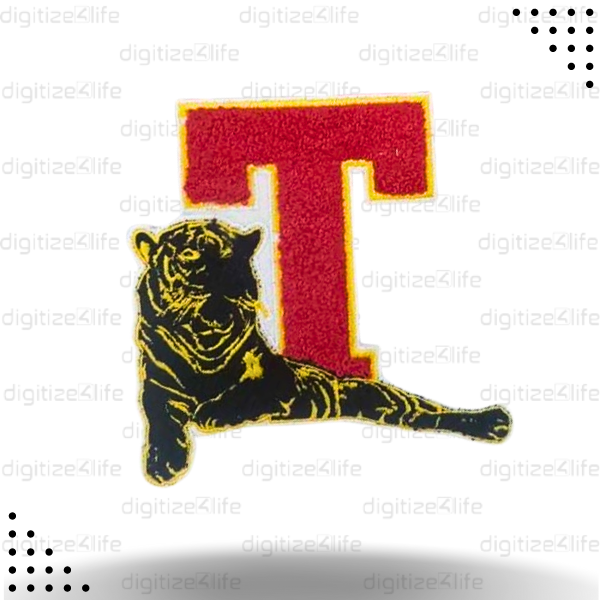Letter T  with Tiger Red and Black Color Chenille Patch